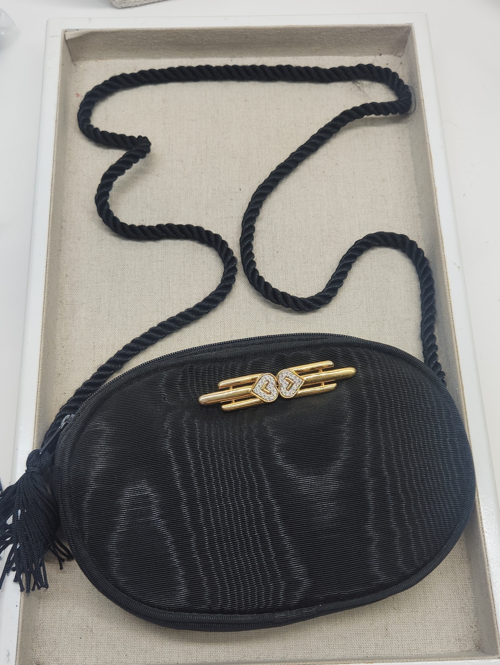 VINTAGE Monet Black Crossbody Bag with Goldtone Brooch